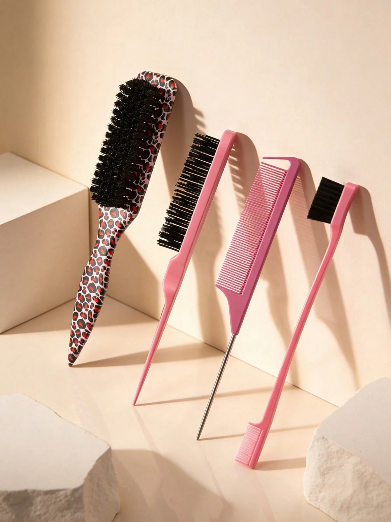 4PCS Professional Hair Styling Set, Leopard Print Brush & Pink