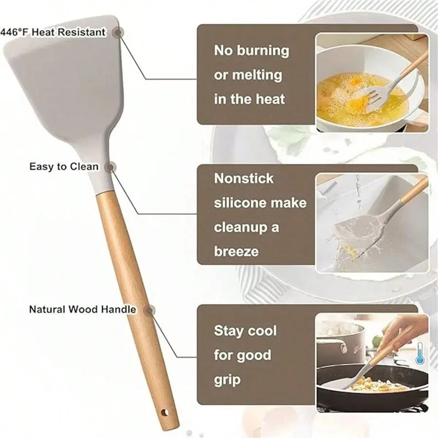12-Piece set Silicone Kitchen Cooking Utensils Set With Wooden Handles