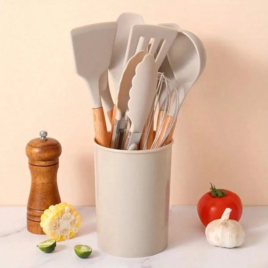 12-Piece set Silicone Kitchen Cooking Utensils Set With Wooden Handles