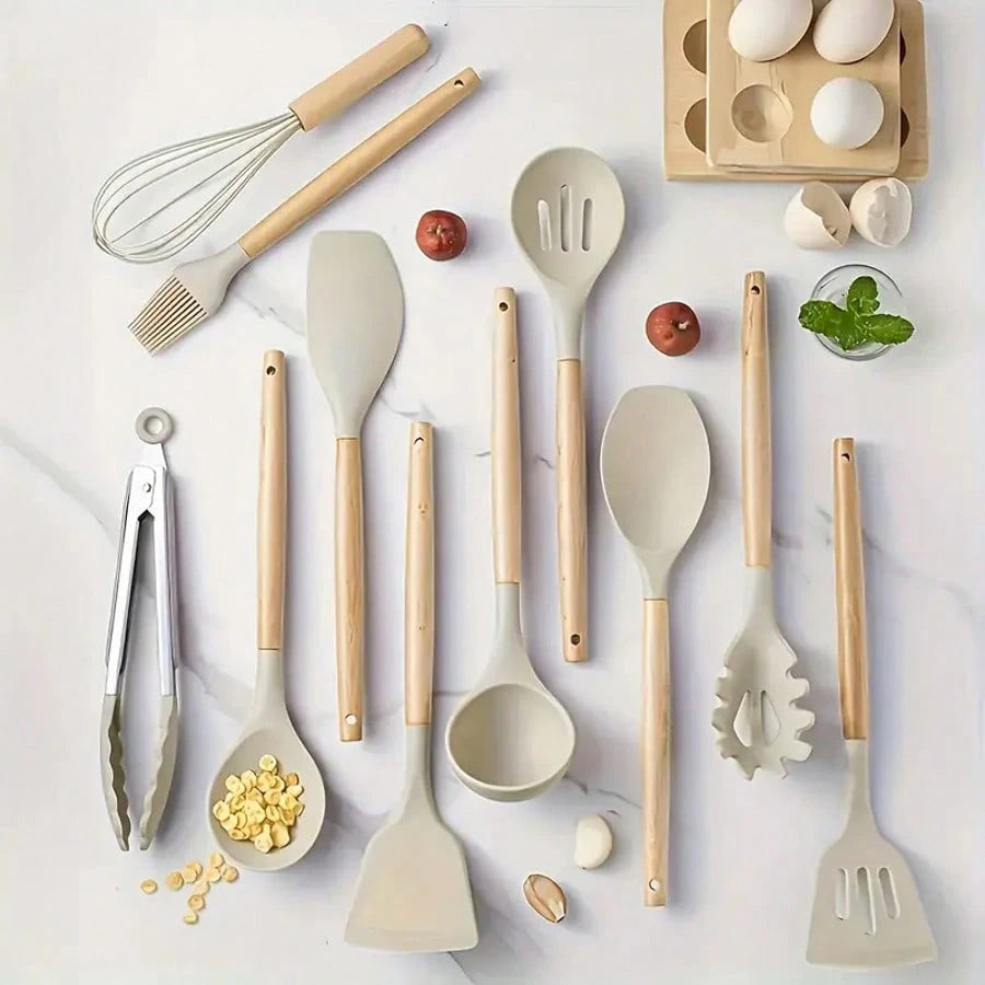 12-Piece set Silicone Kitchen Cooking Utensils Set With Wooden Handles