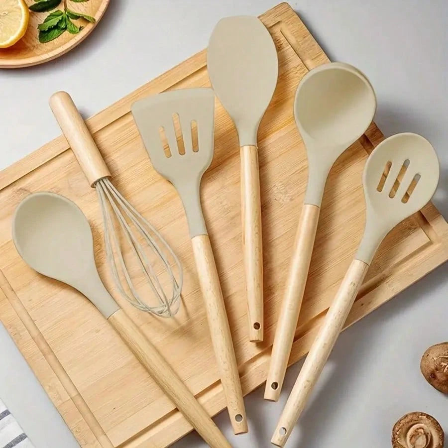 12-Piece set Silicone Kitchen Cooking Utensils Set With Wooden Handles