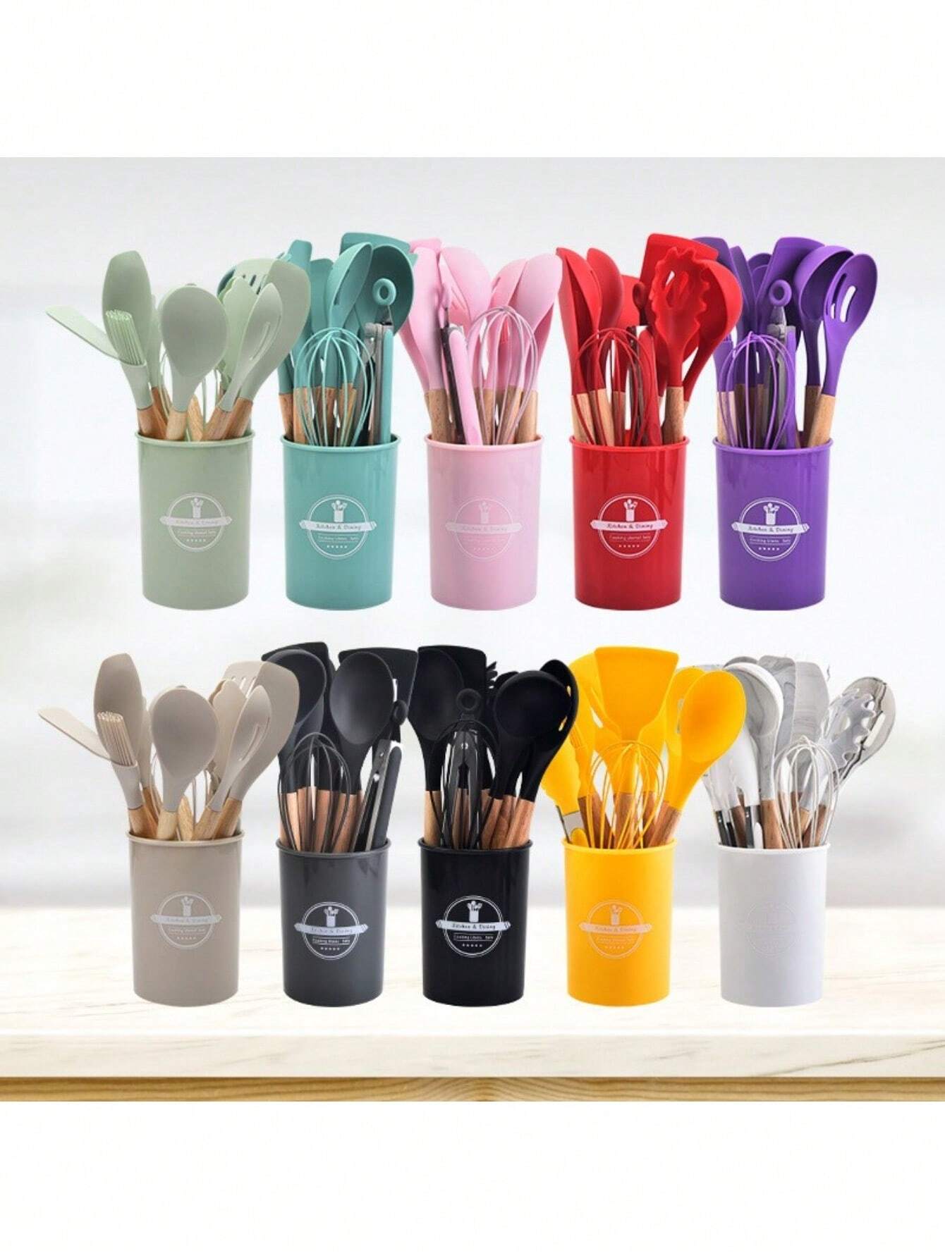 12 Set Wood Handle Non-Stick Silicone Kitchen Cooking Utensil Set