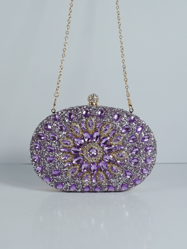 Purple Sparkling Diamond Sunflower Clutch Bag