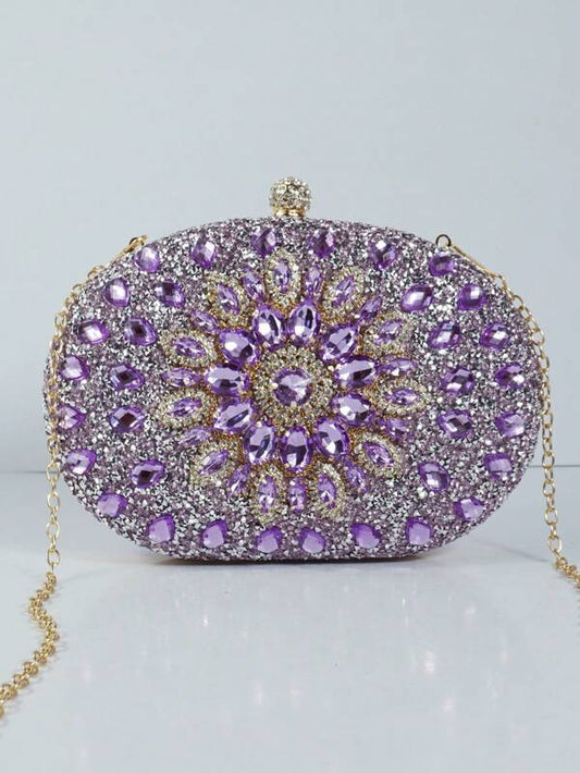 Purple Sparkling Diamond Sunflower Clutch Bag
