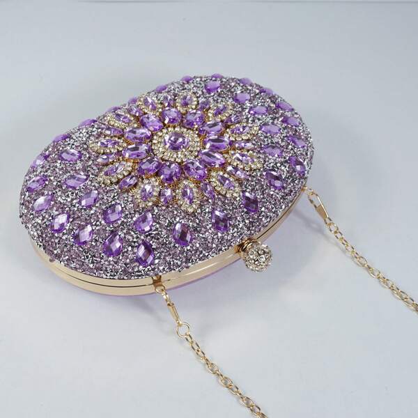 Purple Sparkling Diamond Sunflower Clutch Bag