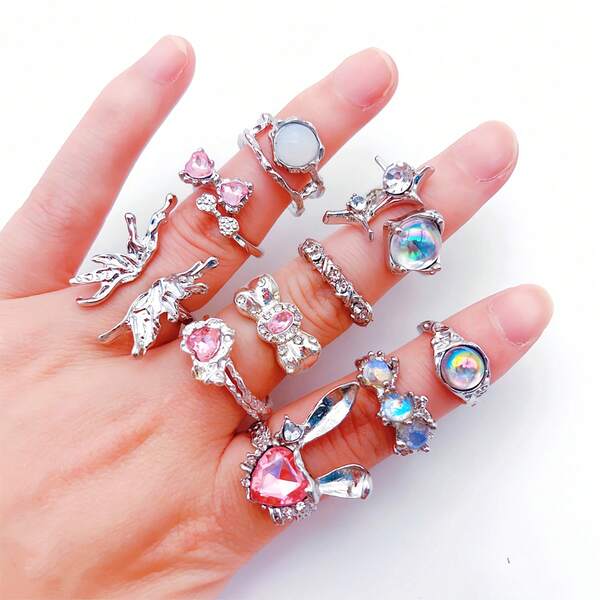 10Pcs Exquisite Synthetic Zirconia Heart Love Butterfly Rings Set For Women