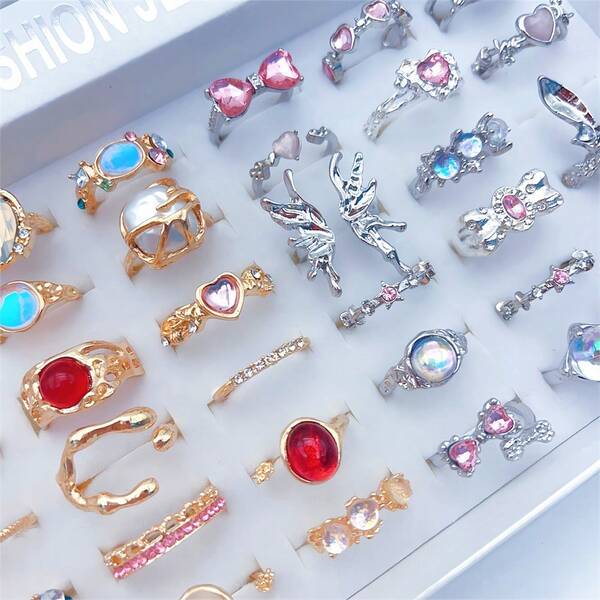 10Pcs Exquisite Synthetic Zirconia Heart Love Butterfly Rings Set For Women