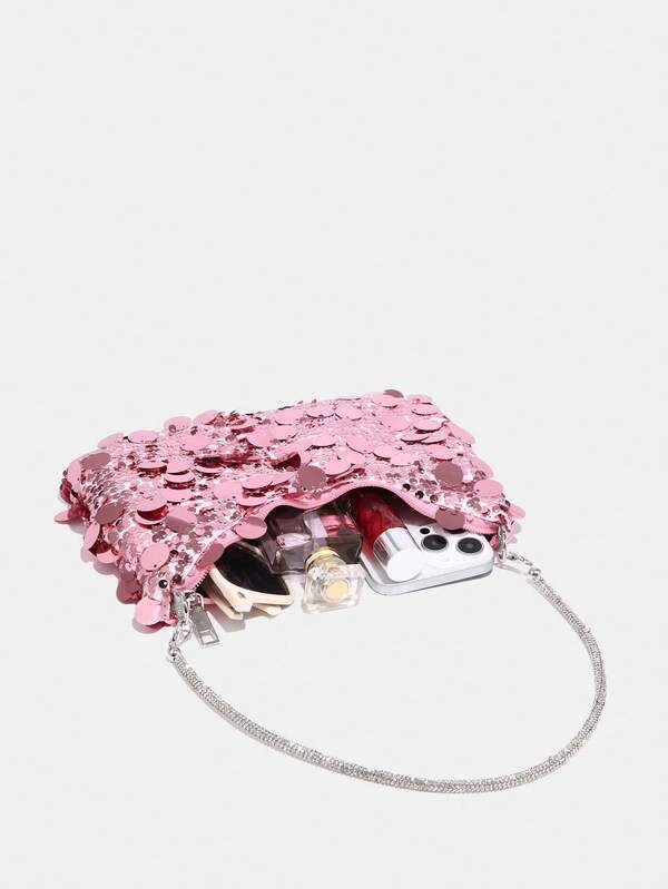 Sequin Decorated, Vacation Style Sequins Wrist Decor Zipper Bag