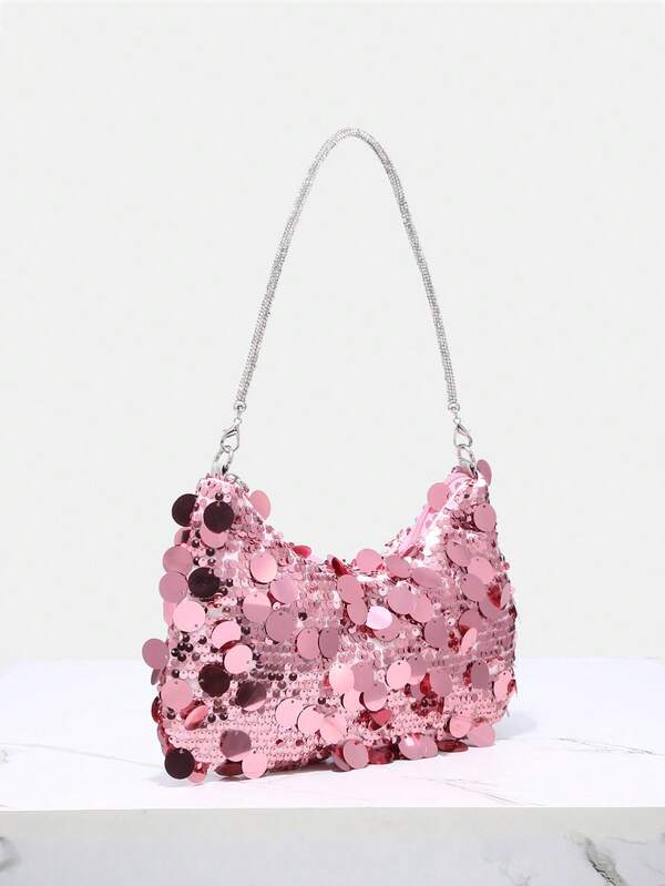 Sequin Decorated, Vacation Style Sequins Wrist Decor Zipper Bag