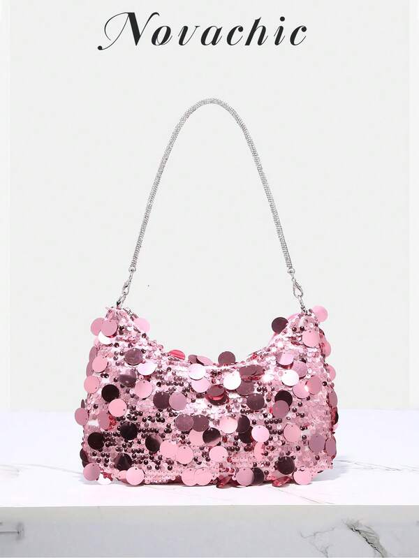 Sequin Decorated, Vacation Style Sequins Wrist Decor Zipper Bag