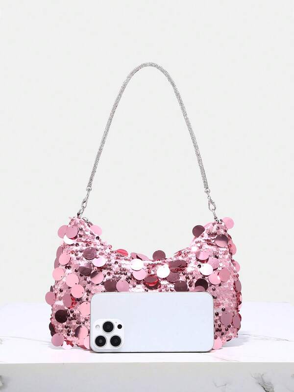 Sequin Decorated, Vacation Style Sequins Wrist Decor Zipper Bag