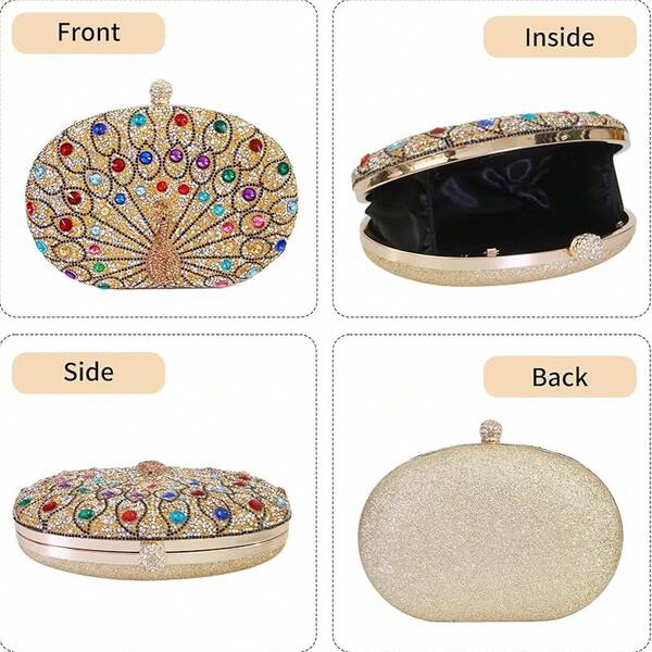 Rhinestone Sequin Evening Clutch Purses For Women Party, Peacock Pattern