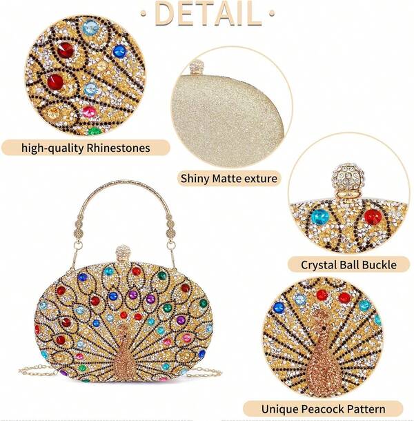 Rhinestone Sequin Evening Clutch Purses For Women Party, Peacock Pattern
