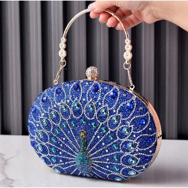 Rhinestone Sequin Evening Clutch Purses For Women Party, Peacock Pattern