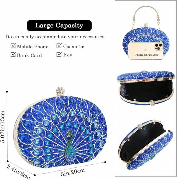 Rhinestone Sequin Evening Clutch Purses For Women Party, Peacock Pattern