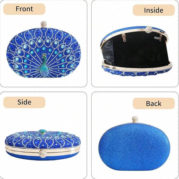 Rhinestone Sequin Evening Clutch Purses For Women Party, Peacock Pattern