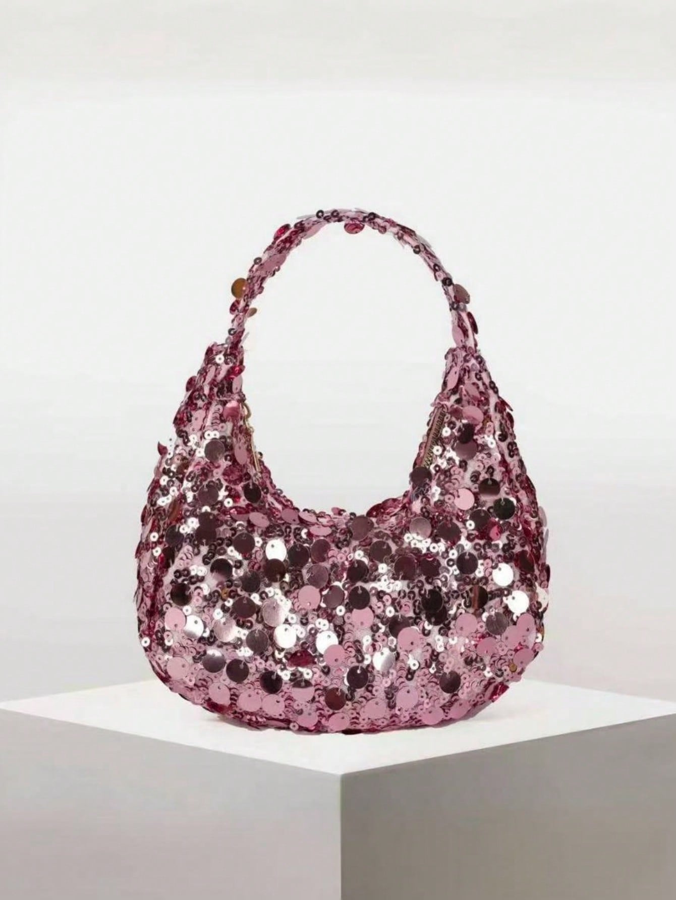 1pc Quilted Zipper Closure PVC Sequin Crescent Handbag