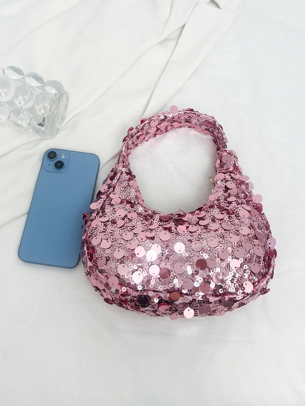1pc Quilted Zipper Closure PVC Sequin Crescent Handbag