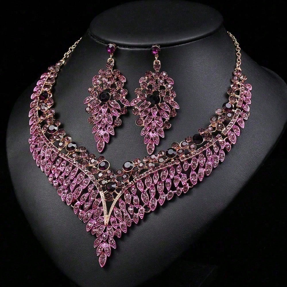 3 Pcs Set Luxury Exaggerated Crystal Necklace Earrings Jewelry Set