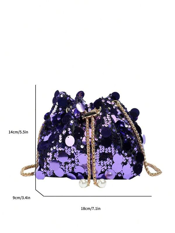 Chain Drawstring Closure PVC Sequin Shiny Bucket Bag, Metal Pearl Decor Glitter Colorful Women's Evening Party Shoulder Bag
