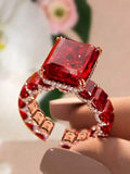 1pc Rose Gold Plated Ring With Inlaid Green Gemstone And Full Diamond