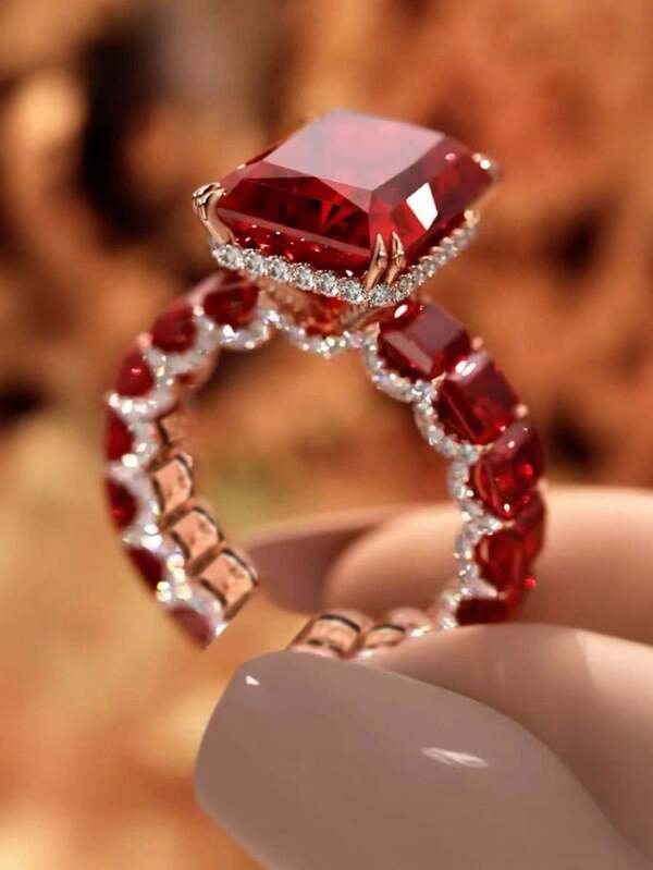 1pc Rose Gold Plated Ring With Inlaid Green Gemstone And Full Diamond