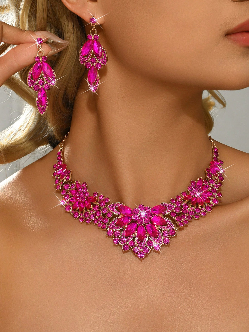 1 Set Luxury Crystal Flower Necklace & Earrings Jewelry Set, Bridal Wedding