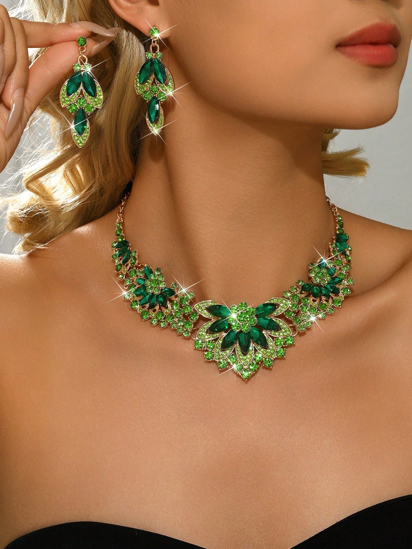 1 Set Luxury Crystal Flower Necklace & Earrings Jewelry Set, Bridal Wedding
