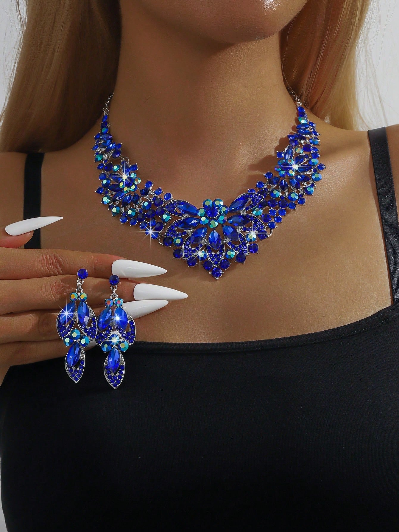 1 Set Luxury Crystal Flower Necklace & Earrings Jewelry Set, Bridal Wedding