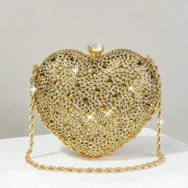 Rhinestone golden Heart Shaped Shiny Clutch Bag, Elegant Party Purse