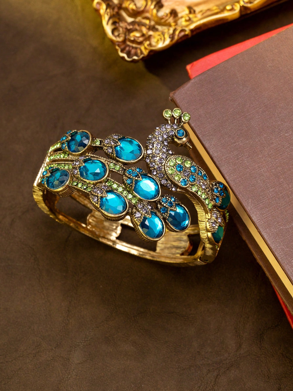 Retro Antique Gold 3D Peacock Crystal Hinged Bangle Elegant Boho Lake Blue Gemstone