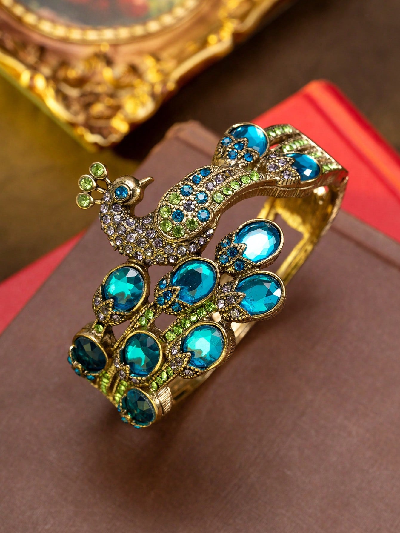 Retro Antique Gold 3D Peacock Crystal Hinged Bangle Elegant Boho Lake Blue Gemstone