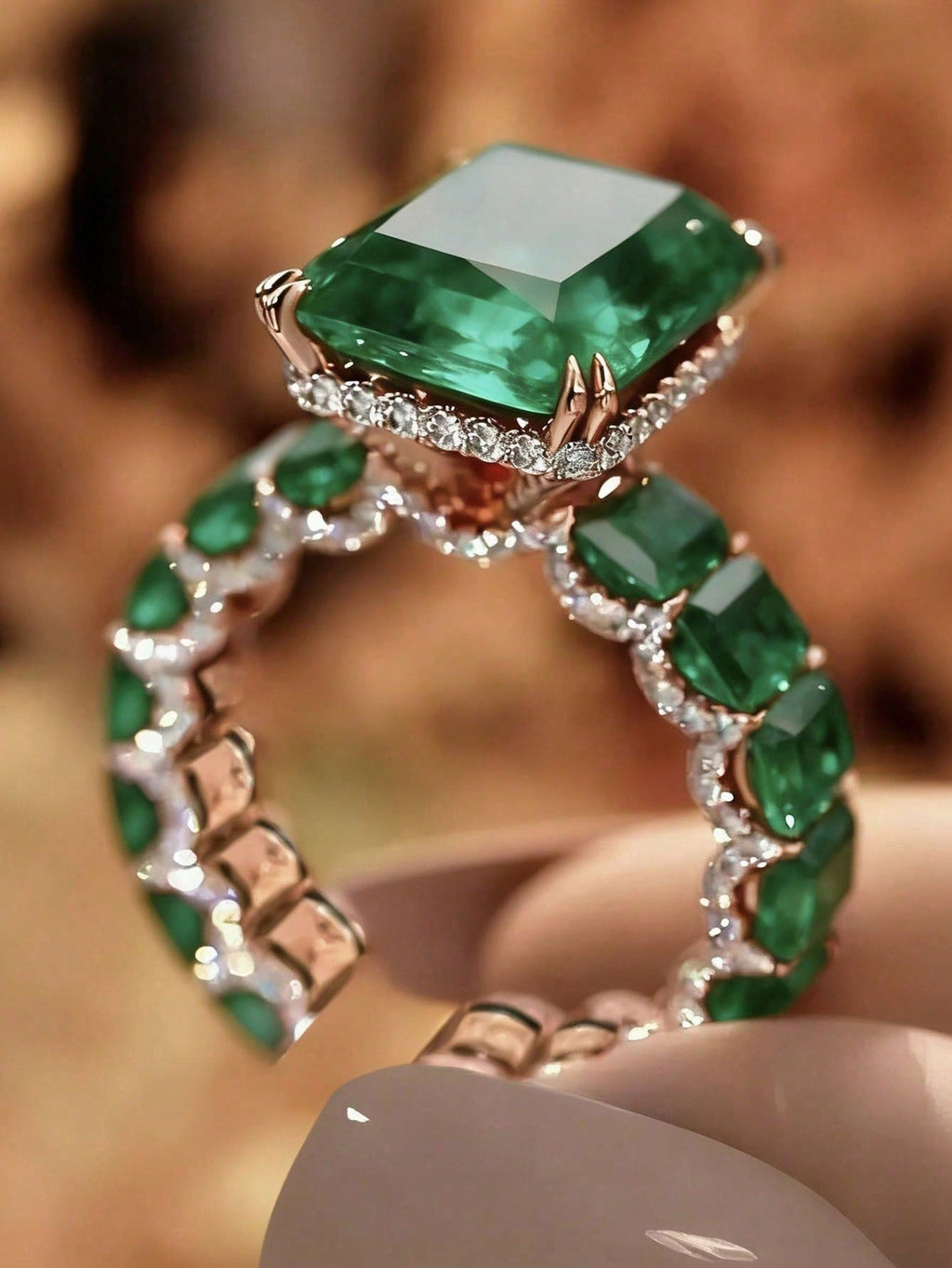 1pc Rose Gold Plated Ring With Inlaid Green Gemstone And Full Diamond