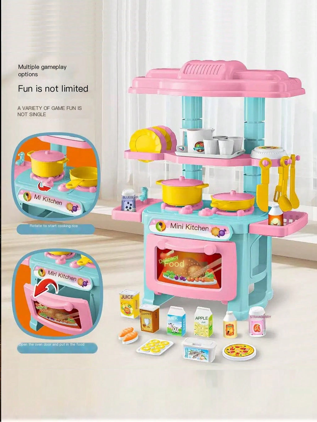 3-6 Years Old Kids Kitchen Playset, Suitable For Girls And Boys, Realistic Food And Accessories, Kitchen Toy Set