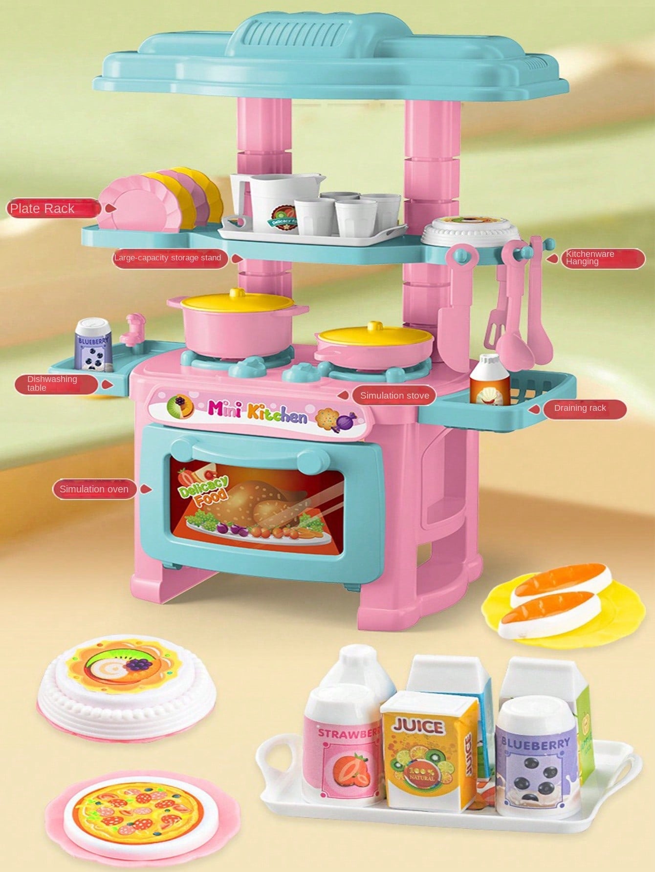 3-6 Years Old Kids Kitchen Playset, Suitable For Girls And Boys, Realistic Food And Accessories, Kitchen Toy Set