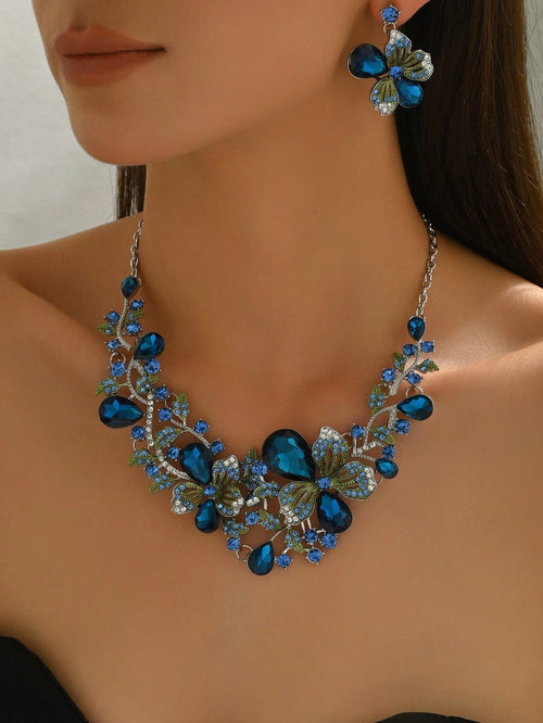 1 Set Elegant Luxurious Floral Jewelry Set With Encrusted Artificial Gemstones