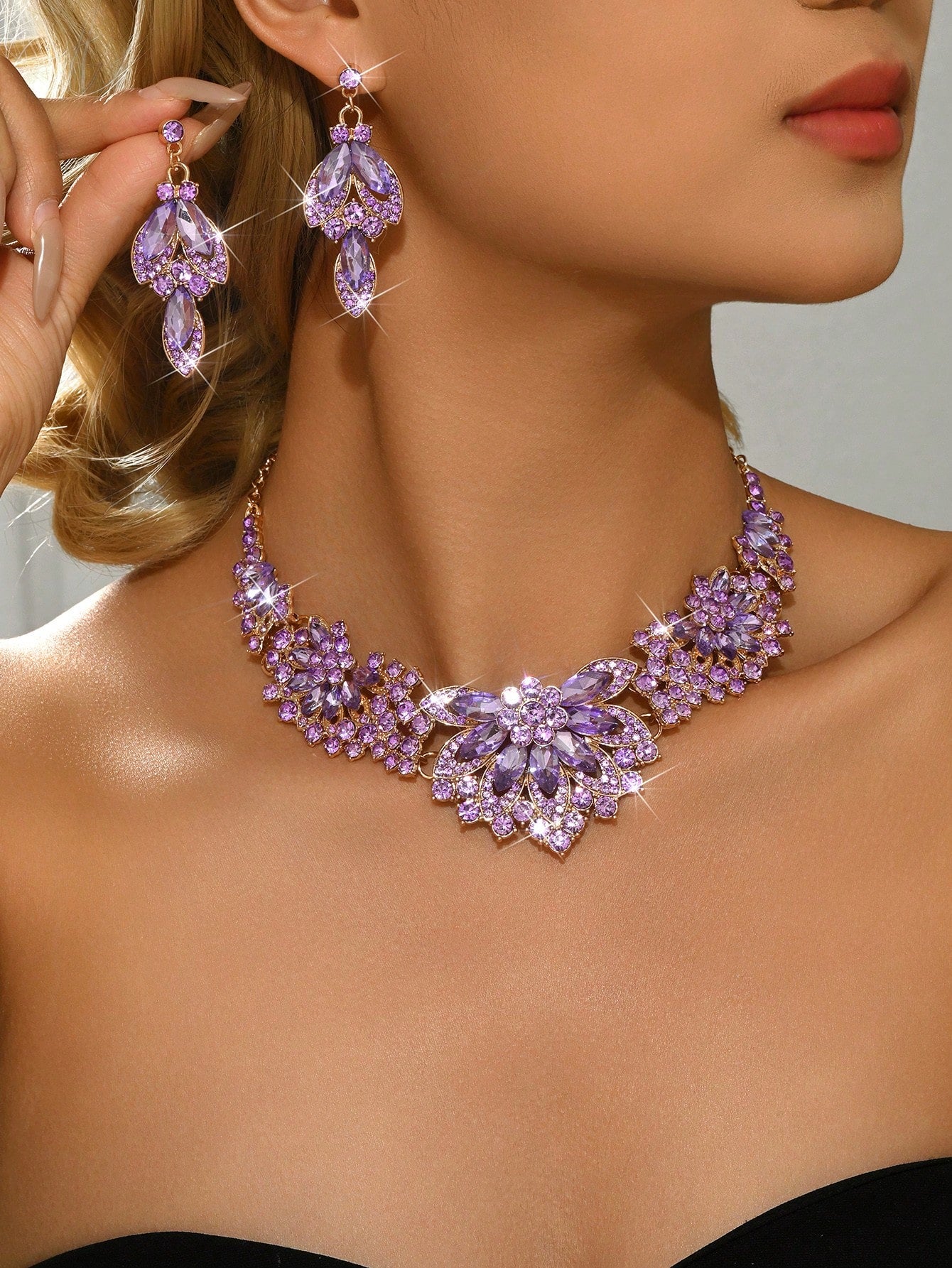 1 Set Luxury Crystal Flower Necklace & Earrings Jewelry Set, Bridal Wedding