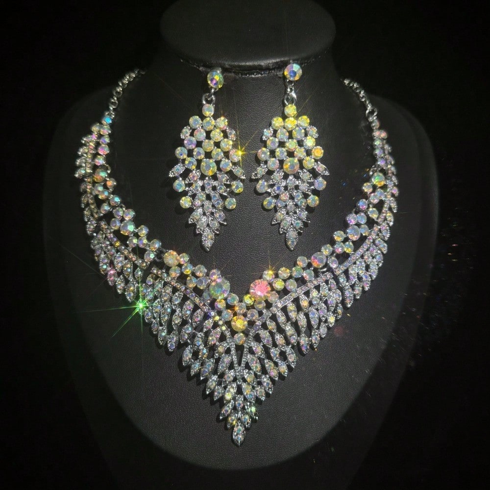 3 Pcs Set Luxury Exaggerated Crystal Necklace Earrings Jewelry Set