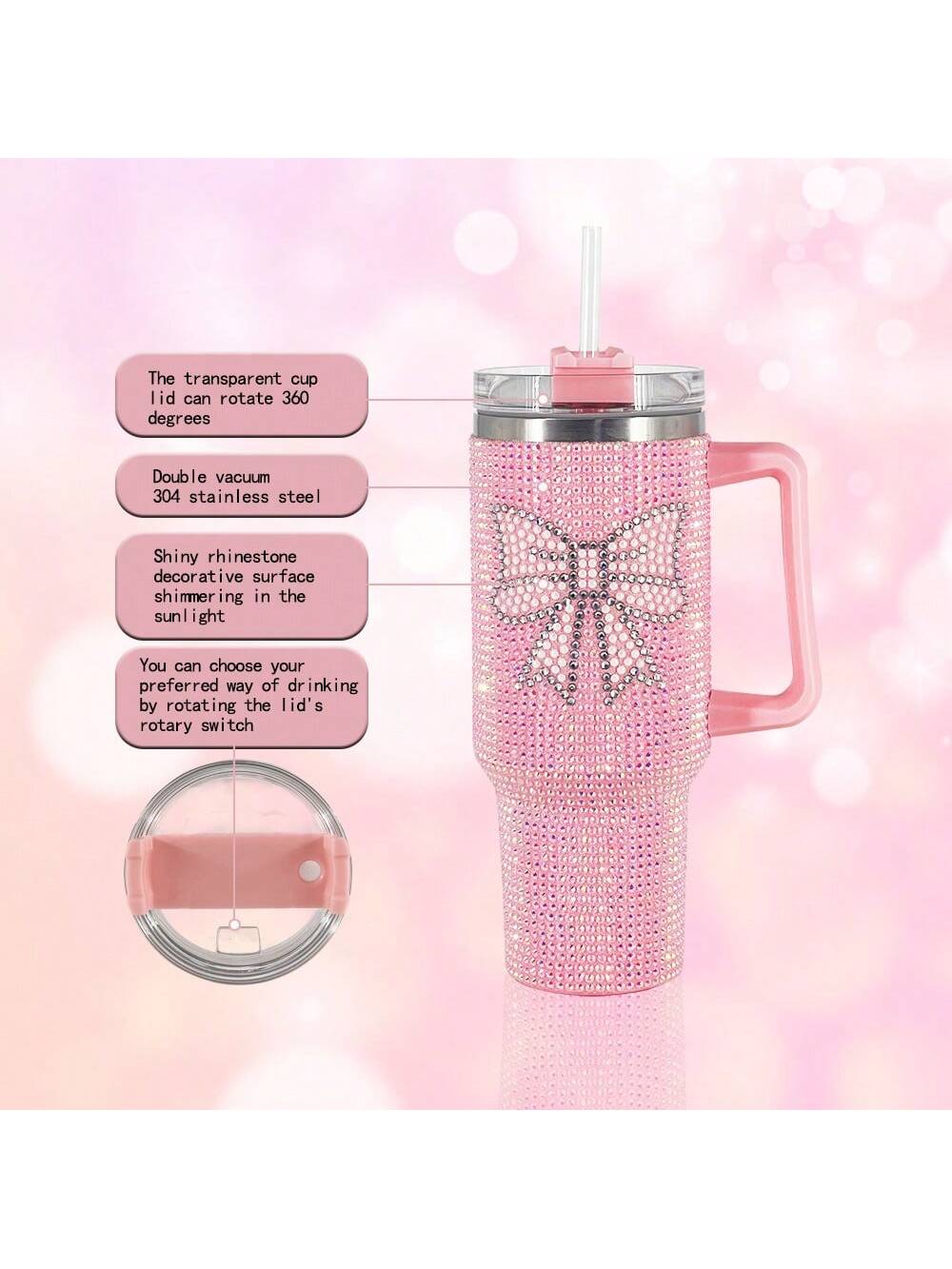 1pc 40oz/30oz Stainless Steel Car Cup With Diamond Sparkle Insulated Tumbler,