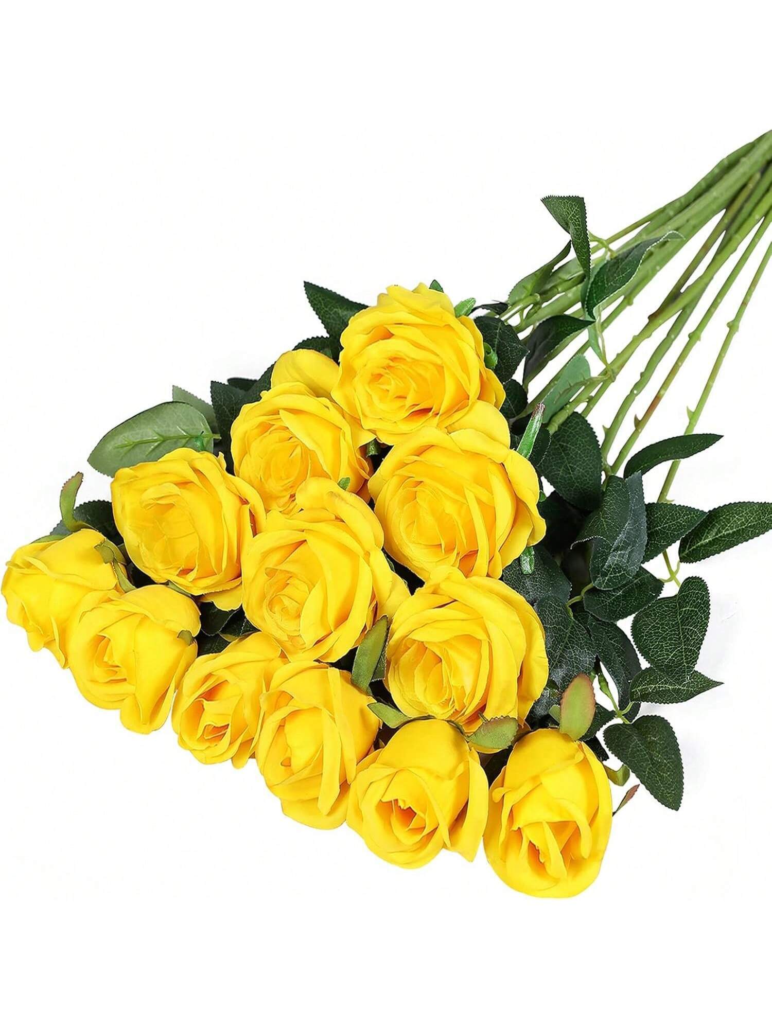 20pcs Yellow 20-Inch Artificial Rose Flowers, High-End Fake Roses