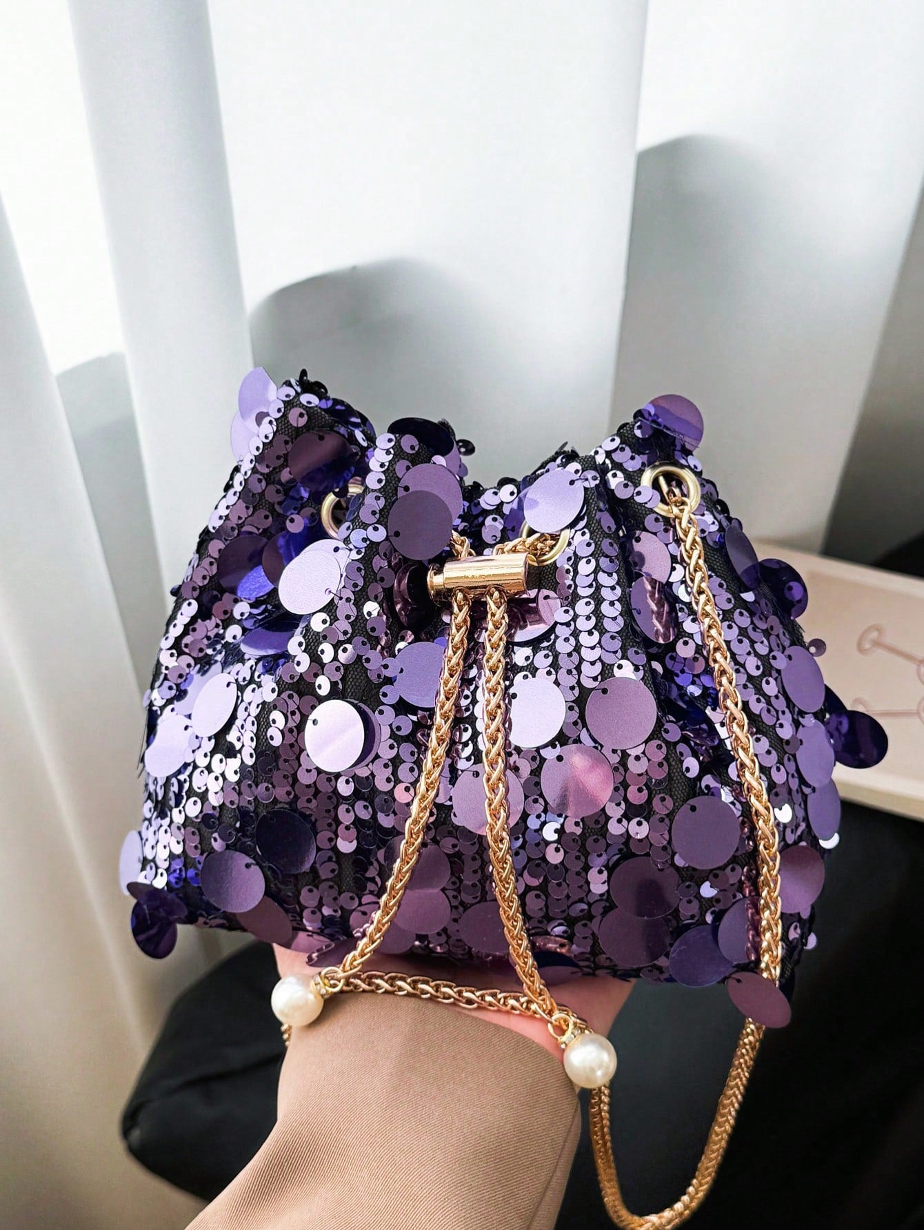 Chain Drawstring Closure PVC Sequin Shiny Bucket Bag, Metal Pearl Decor Glitter Colorful Women's Evening Party Shoulder Bag