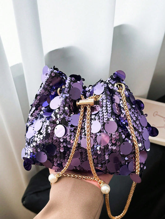 Chain Drawstring Closure PVC Sequin Shiny Bucket Bag, Metal Pearl Decor Glitter Colorful Women's Evening Party Shoulder Bag