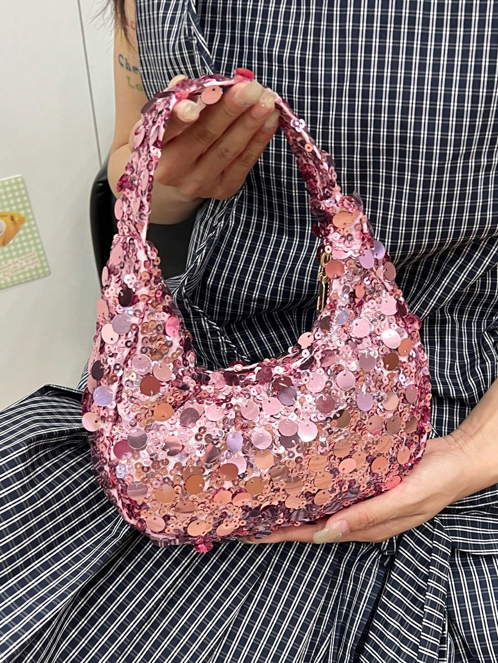 1pc Quilted Zipper Closure PVC Sequin Crescent Handbag