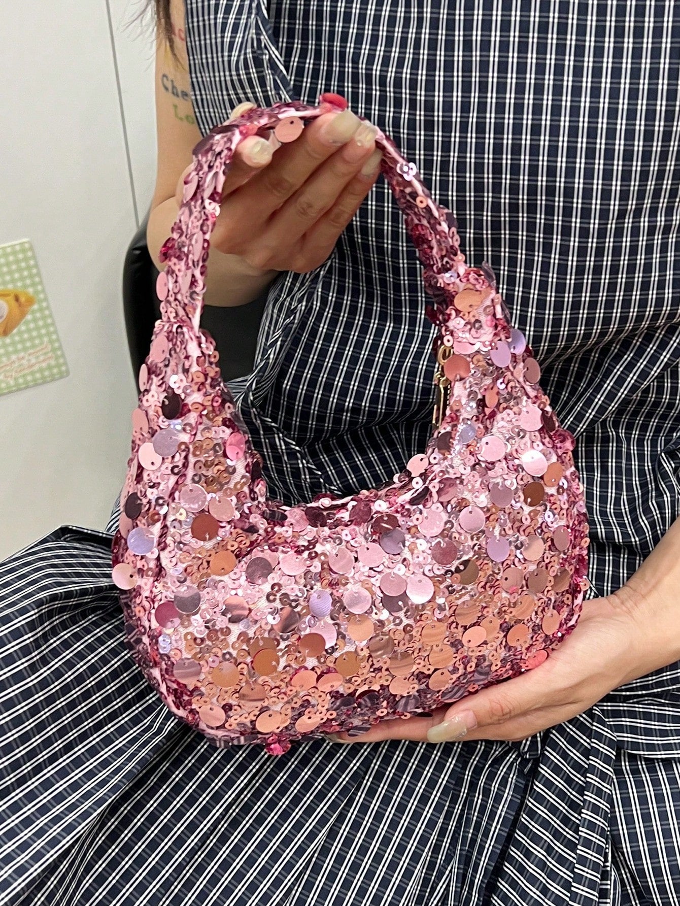 1pc Quilted Zipper Closure PVC Sequin Crescent Handbag