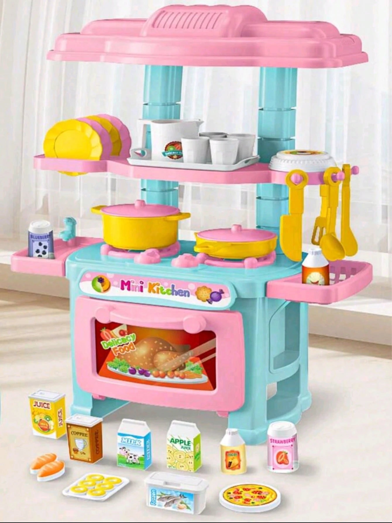3-6 Years Old Kids Kitchen Playset, Suitable For Girls And Boys, Realistic Food And Accessories, Kitchen Toy Set