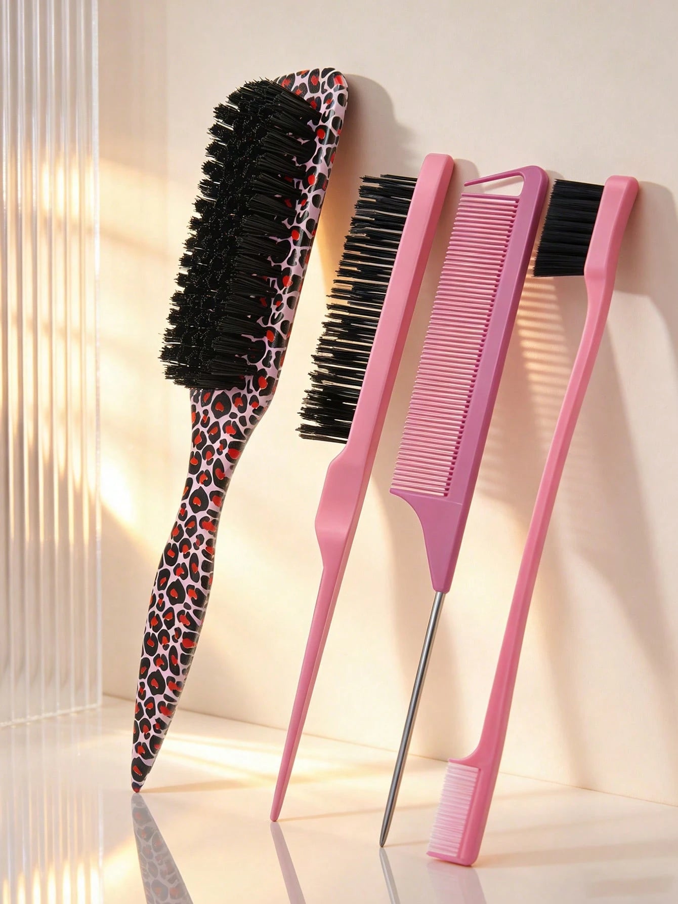 4PCS Professional Hair Styling Set, Leopard Print Brush & Pink