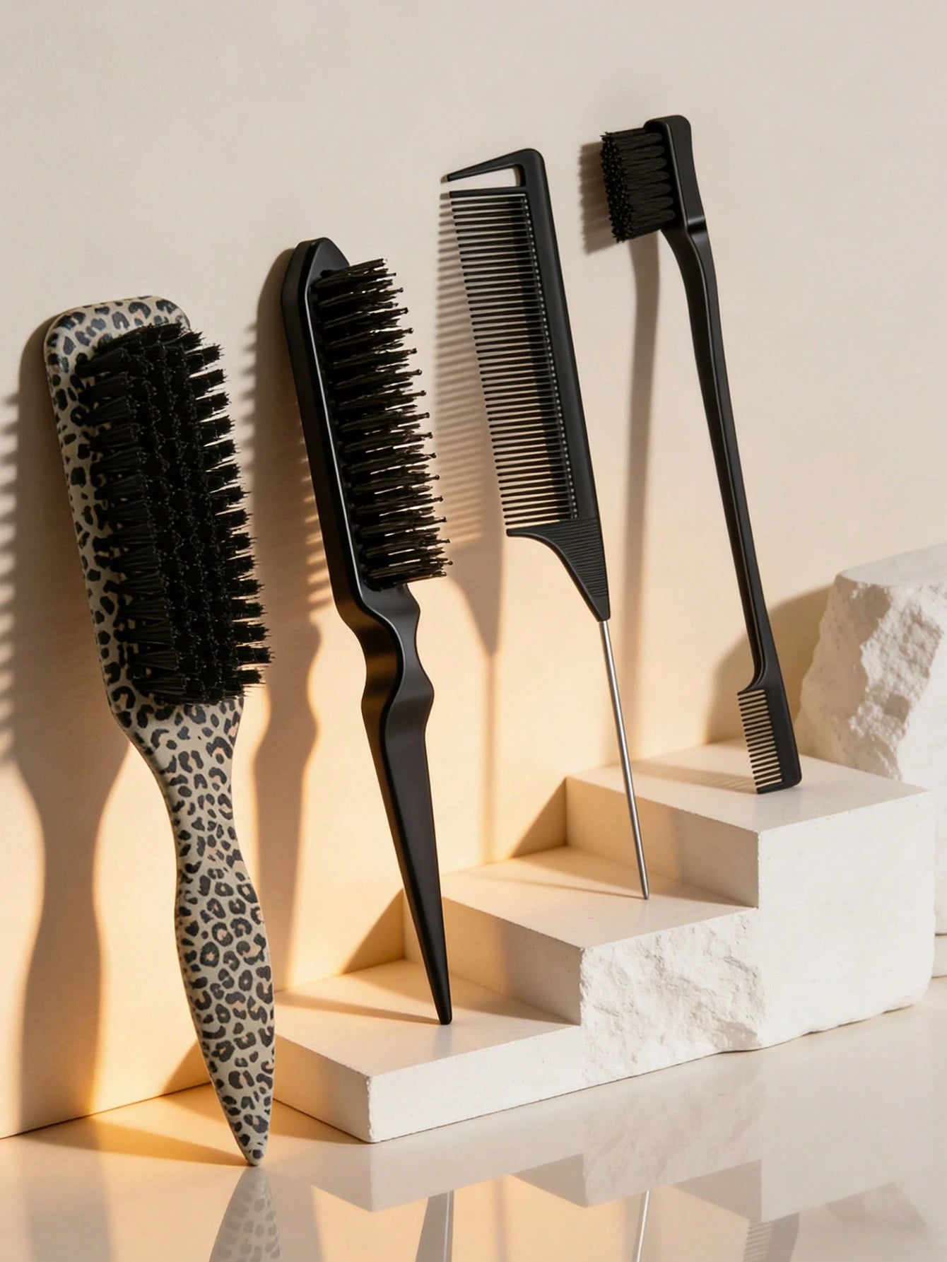4PCS Professional Hair Styling Set, Leopard Print Brush & Pink