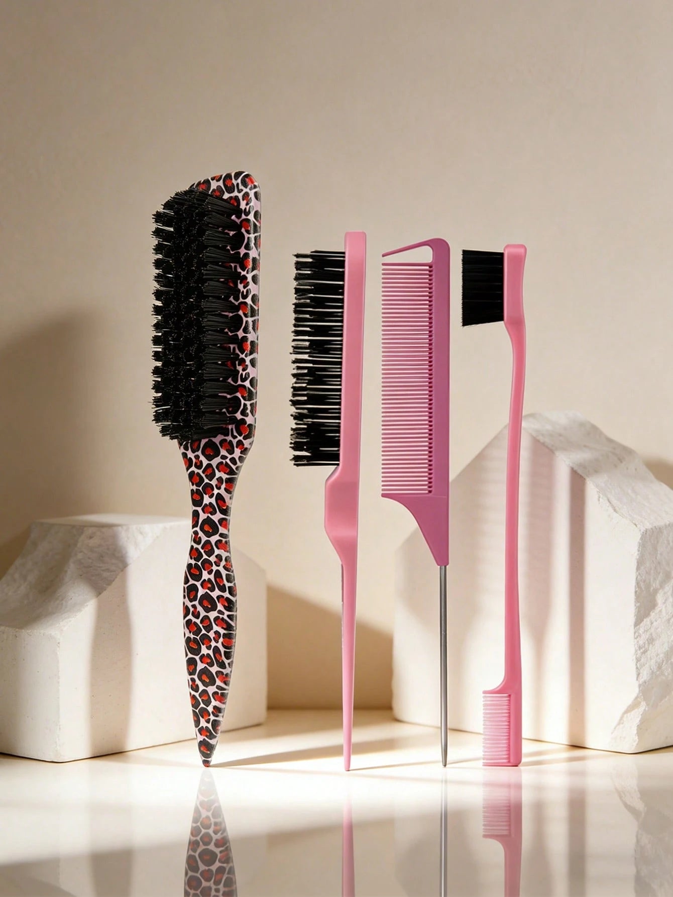 4PCS Professional Hair Styling Set, Leopard Print Brush & Pink