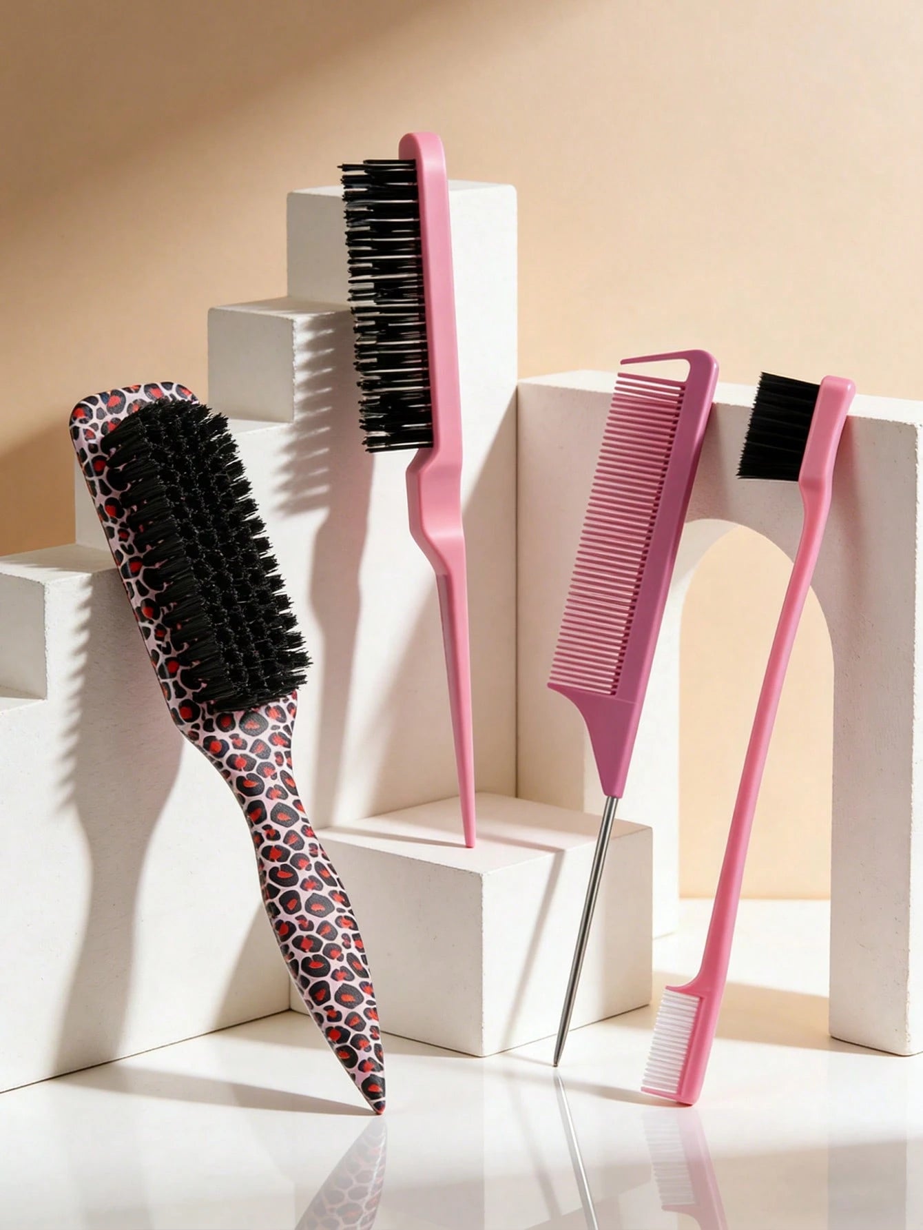 4PCS Professional Hair Styling Set, Leopard Print Brush & Pink