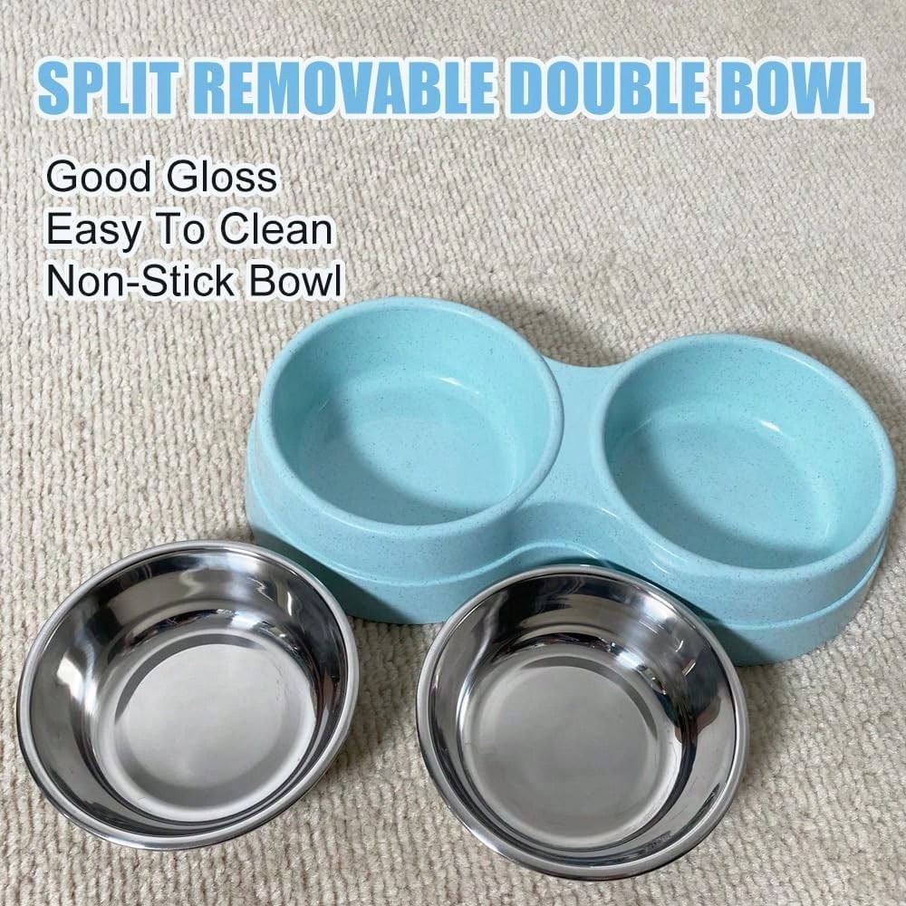 Double Cat Food Bowl -Stainless Steel Bowls With Easy-To-Clean Detachable Design, Non-Slip Base, Pet Feeder For Kittens And Medium Cats (Blue)